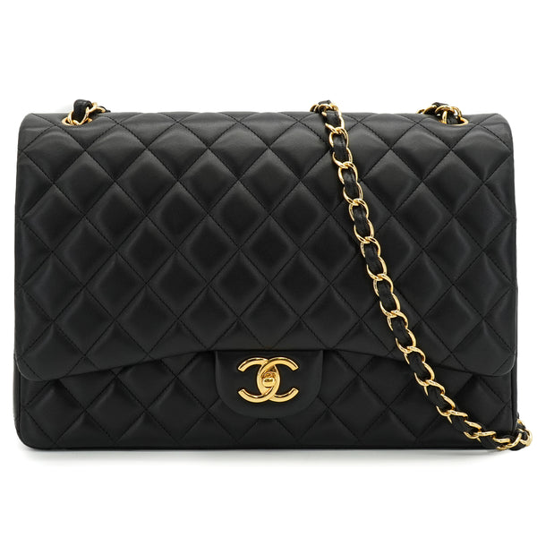 CHANEL MAXI MATELASSE 34 CHAIN SHOULDER BAG BLACK LAMB SKIN GOLD HARDWARE 90340474
