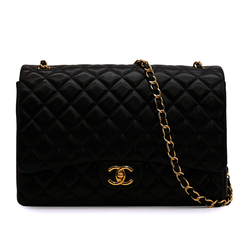 CHANEL MAXI MATELASSE 34 CHAIN SHOULDER BAG BLACK LAMB SKIN GOLD HARDWARE 90346099