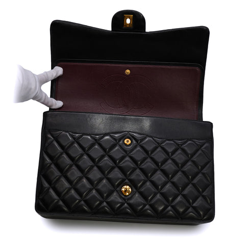 CHANEL MAXI MATELASSE 34 CHAIN SHOULDER BAG BLACK LAMB SKIN GOLD HARDWARE 90346099