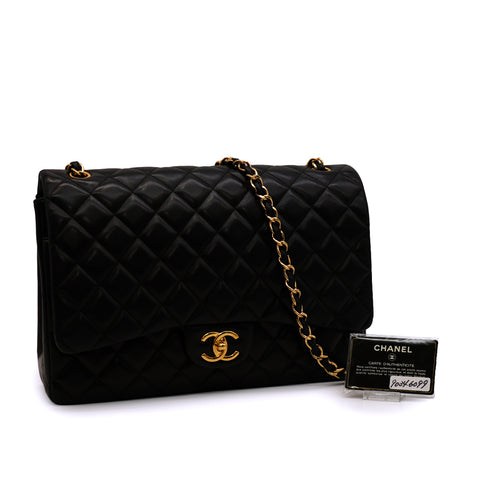 CHANEL MAXI MATELASSE 34 CHAIN SHOULDER BAG BLACK LAMB SKIN GOLD HARDWARE 90346099