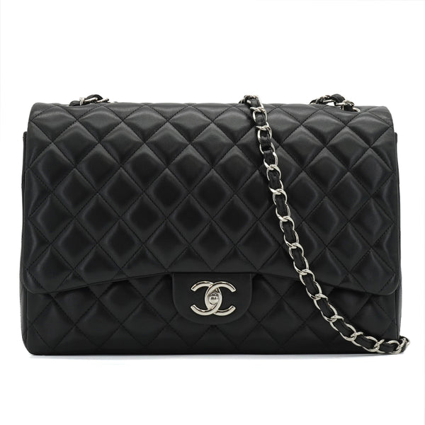 CHANEL MAXI MATELASSE 34 CHAIN SHOULDER BAG BLACK LAMB SKIN SILVER HARDWARE 90331673