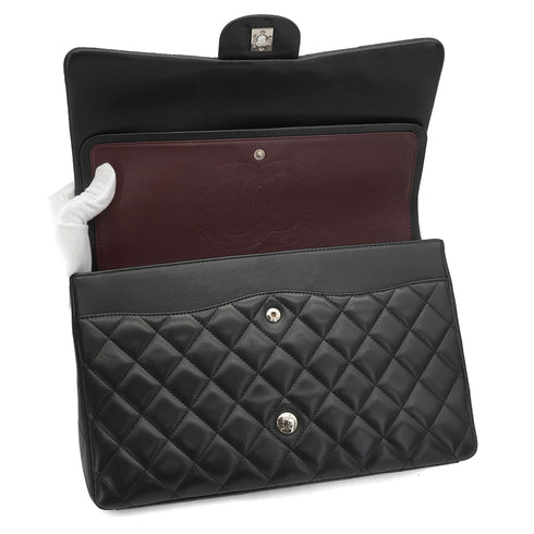 CHANEL MAXI MATELASSE 34 CHAIN SHOULDER BAG BLACK LAMB SKIN SILVER HARDWARE 90331673