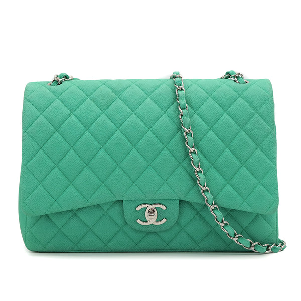 CHANEL MAXI MATELASSE 34 CHAIN SHOULDER BAG EMERALD GREEN CAVIAR SKIN SILVER HARDWARE 90317871