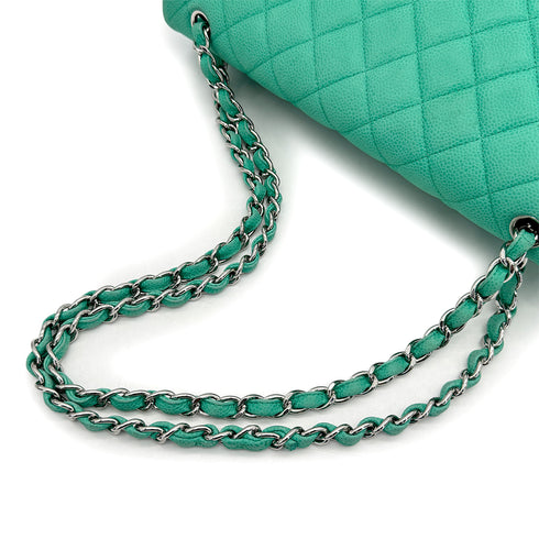 CHANEL MAXI MATELASSE 34 CHAIN SHOULDER BAG EMERALD GREEN CAVIAR SKIN SILVER HARDWARE 90317871