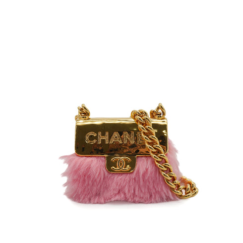CHANEL LOGO METAL BAG NECKLACE PINK FAUX FUR GOLD HARDWARE B24C 90344801