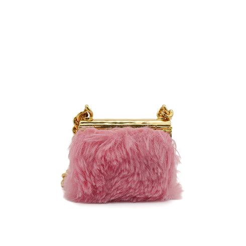 CHANEL LOGO METAL BAG NECKLACE PINK FAUX FUR GOLD HARDWARE B24C 90344801