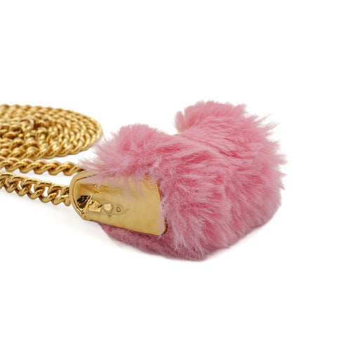 CHANEL LOGO METAL BAG NECKLACE PINK FAUX FUR GOLD HARDWARE B24C 90344801