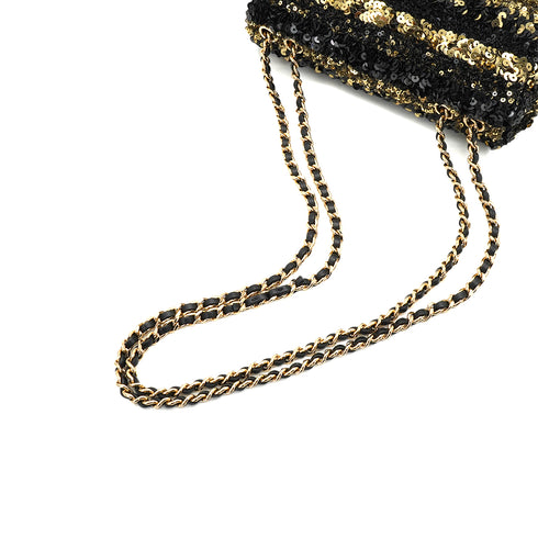 CHANEL MINI CHAIN SHOULDER BAG BLACK GOLD SEQUINS LEATHER GOLD HARDWARE 90340136