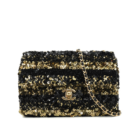CHANEL MINI CHAIN SHOULDER BAG BLACK GOLD SEQUINS LEATHER GOLD HARDWARE 90340136