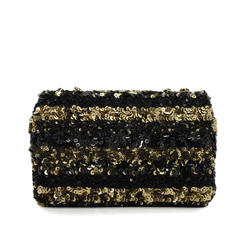 CHANEL MINI CHAIN SHOULDER BAG BLACK GOLD SEQUINS LEATHER GOLD HARDWARE 90340136