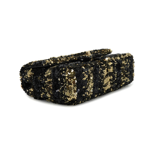 CHANEL MINI CHAIN SHOULDER BAG BLACK GOLD SEQUINS LEATHER GOLD HARDWARE 90340136