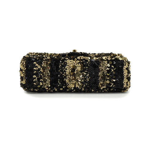 CHANEL MINI CHAIN SHOULDER BAG BLACK GOLD SEQUINS LEATHER GOLD HARDWARE 90340136