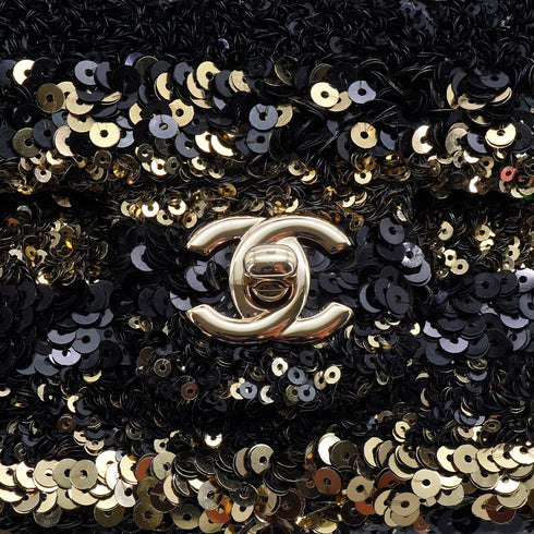CHANEL MINI CHAIN SHOULDER BAG BLACK GOLD SEQUINS LEATHER GOLD HARDWARE 90340136