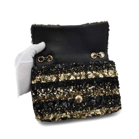 CHANEL MINI CHAIN SHOULDER BAG BLACK GOLD SEQUINS LEATHER GOLD HARDWARE 90340136