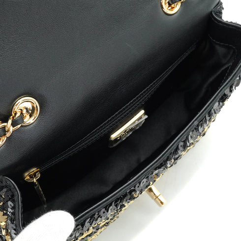 CHANEL MINI CHAIN SHOULDER BAG BLACK GOLD SEQUINS LEATHER GOLD HARDWARE 90340136