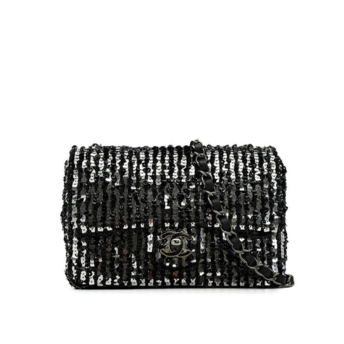 CHANEL MINI CHAIN SHOULDER BAG BLACK SILVER SEQUINS LEATHER SILVER HARDWARE 90343618