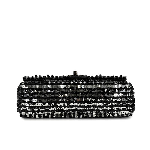 CHANEL MINI CHAIN SHOULDER BAG BLACK SILVER SEQUINS LEATHER SILVER HARDWARE 90343618