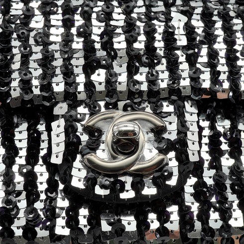 CHANEL MINI CHAIN SHOULDER BAG BLACK SILVER SEQUINS LEATHER SILVER HARDWARE 90343618