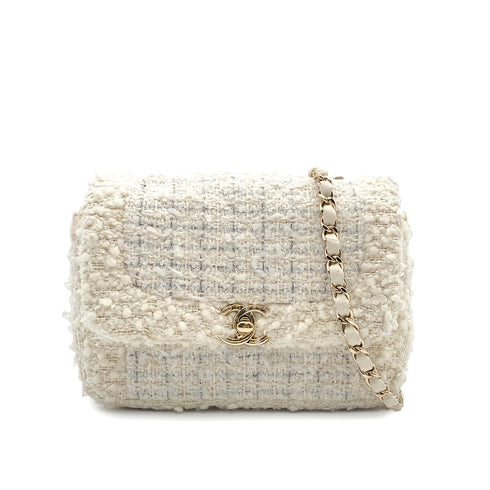 CHANEL MINI CHAIN SHOULDER BAG WHITE TWEED GOLD HARDWARE 90314775