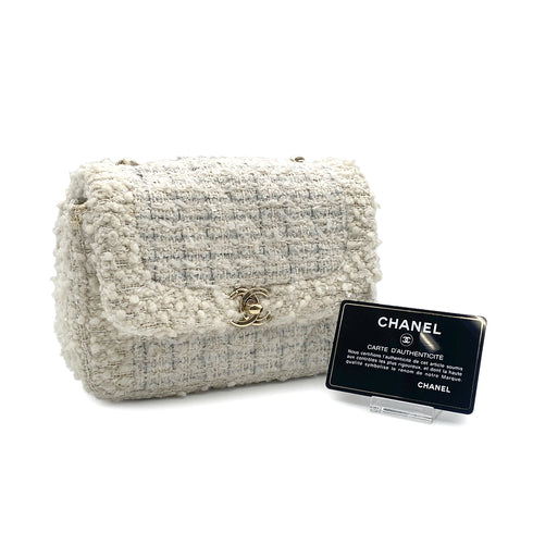 CHANEL MINI CHAIN SHOULDER BAG WHITE TWEED GOLD HARDWARE 90314775