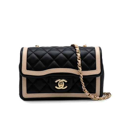 CHANEL MINI MATELASSE BICOLOR CHAIN SHOULDER BAG BLACK PINK LAMB SKIN GOLD HARDWARE 90347767