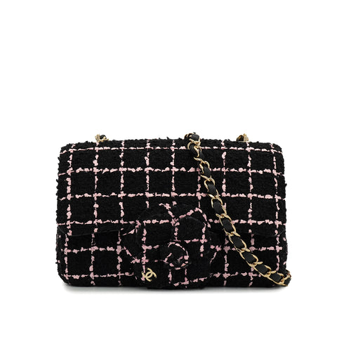 CHANEL MINI MATELASSE CAMELLIA CHAIN SHOULDER BAG BLACK PINK TWEED GOLD HARDWARE 90335837