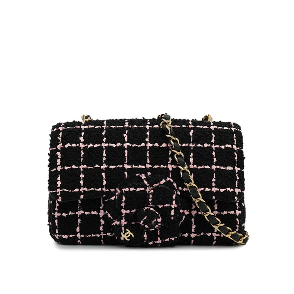 CHANEL CAMELLIA CHAIN SHOULDER BAG BLACK PINK TWEED GOLD HARDWARE 90335837