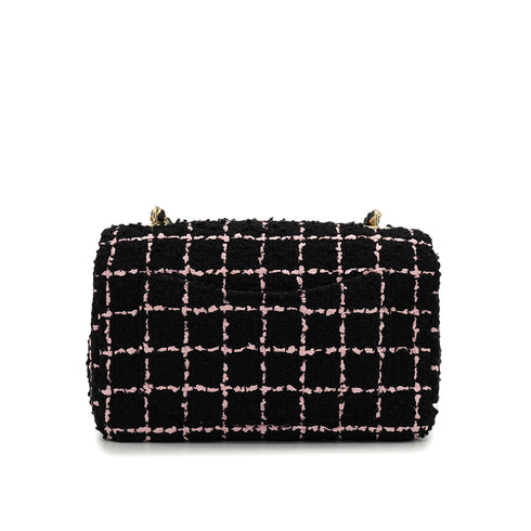 CHANEL MINI MATELASSE CAMELLIA CHAIN SHOULDER BAG BLACK PINK TWEED GOLD HARDWARE 90335837