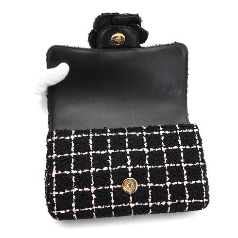 CHANEL MINI MATELASSE CAMELLIA CHAIN SHOULDER BAG BLACK PINK TWEED GOLD HARDWARE 90335837