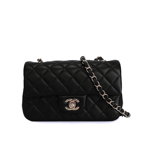 CHANEL MINI MATELASSE CHAIN SHOULDER BAG BLACK LAMB SKIN SILVER HARDWARE 90342422