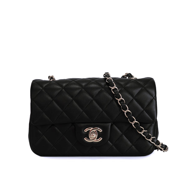CHANEL MINI MATELASSE CHAIN SHOULDER BAG BLACK LAMB SKIN SILVER HARDWARE 90342422