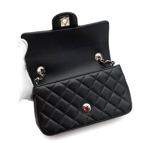 CHANEL MINI MATELASSE CHAIN SHOULDER BAG BLACK LAMB SKIN SILVER HARDWARE 90342422
