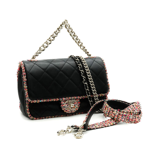 CHANEL MATELASSE CHAIN SHOULDER BAG BLACK PINK TWEED LAMB SKIN SILVER HARDWARE 90347931
