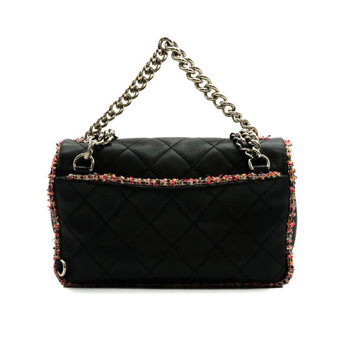 CHANEL MATELASSE CHAIN SHOULDER BAG BLACK PINK TWEED LAMB SKIN SILVER HARDWARE 90347931