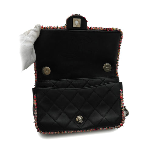 CHANEL MATELASSE CHAIN SHOULDER BAG BLACK PINK TWEED LAMB SKIN SILVER HARDWARE 90347931