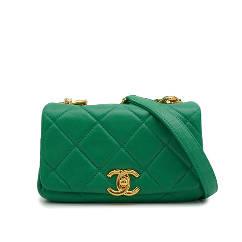 CHANEL MINI MATELASSE CHAIN SHOULDER BAG GREEN LAMB SKIN GOLD HARDWARE 90350412