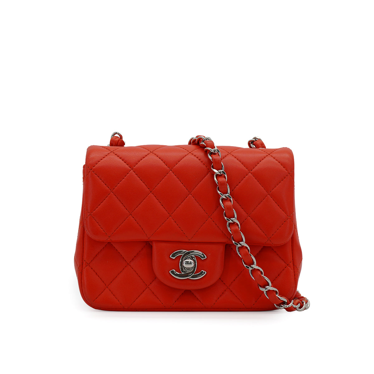 CHANEL MINI SQUARE 17 CHAIN SHOULDER BAG RED LAMB SKIN SILVER