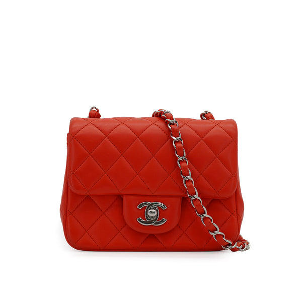 CHANEL MINI SQUARE 17 CHAIN SHOULDER BAG RED LAMB SKIN SILVER HARDWARE 90333761