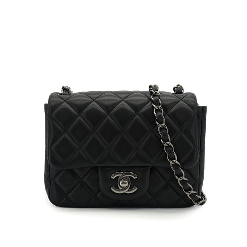 CHANEL MINI MATELASSE CHAIN SHUOLDER BAG BLACK LAMB SKIN SILVER HARDWARE 90331414