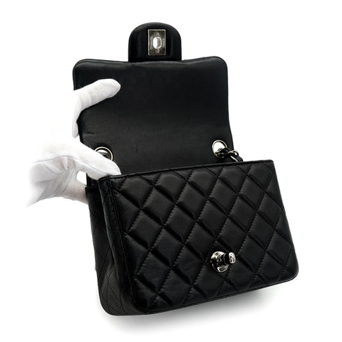 CHANEL MINI MATELASSE CHAIN SHUOLDER BAG BLACK LAMB SKIN SILVER HARDWARE 90331414