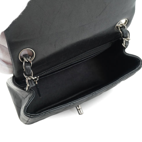 CHANEL MINI MATELASSE CHAIN SHUOLDER BAG BLACK LAMB SKIN SILVER HARDWARE 90331414