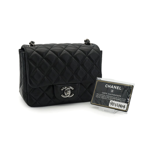 CHANEL MINI MATELASSE CHAIN SHUOLDER BAG BLACK LAMB SKIN SILVER HARDWARE 90331414