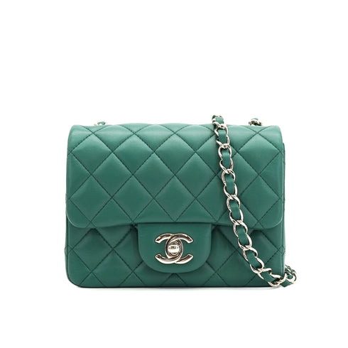 CHANEL MINI SQUARE 17 CHAIN SHUOLDER BAG GREEN LAMB SKIN SILVER HARDWARE 90334151