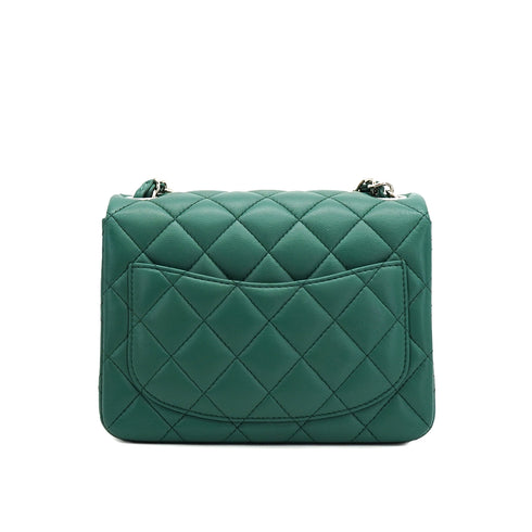 CHANEL MINI SQUARE 17 CHAIN SHUOLDER BAG GREEN LAMB SKIN SILVER HARDWARE 90334151