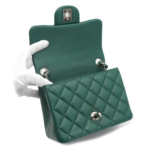 CHANEL MINI SQUARE 17 CHAIN SHUOLDER BAG GREEN LAMB SKIN SILVER HARDWARE 90334151