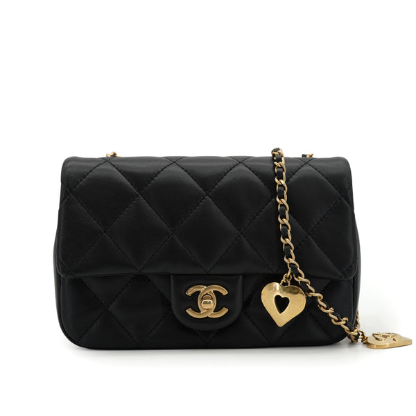 CHANEL MINI MATELASSE HEART CHARM CHAIN SHOULDER BAG BLACK LAMB SKIN GOLD HARDWARE 90335606