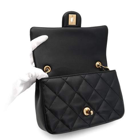 CHANEL MINI MATELASSE CHARM CHAIN SHOULDER BAG BLACK LAMB SKIN GOLD HARDWARE 90335606