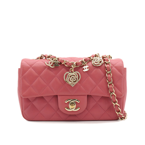 CHANEL MINI MATELASSE CHARM CHAIN SHOULDER BAG PINK LAMB SKIN GOLD HARDWARE 90331667