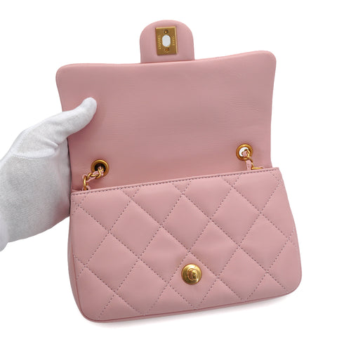 CHANEL MINI MATELASSE CHARM CHAIN SHOULDER BAG PINK LAMB SKIN GOLD HARDWARE 90335891
