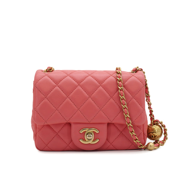CHANEL MINI MATELASSE COCO BALL CHAIN SHOULDER BAG PINK LAMB SKIN GOLD HARDWARE 90331665
